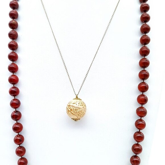 Vintage Sarah Coventry Necklace Duo, Red Beaded Married with Textured Sphere - Picture 2 of 5